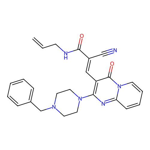 (2E)-3-[2-(4-benzylpiperazin-1-yl)-4-oxo-4H-pyrido[1,2-a]pyrimidin-3-yl]-2-cyano-N-(prop-2-en-1-yl)prop-2-enamide structure
