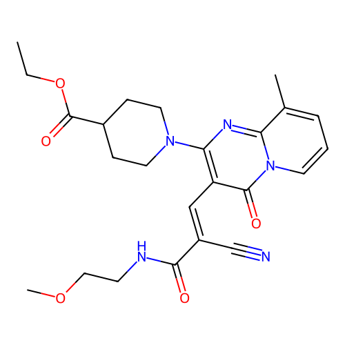 (E)-ethyl 1-(3-(2-cyano-3-((2-methoxyethyl)amino)-3-oxoprop-1-en-1-yl)-9-methyl-4-oxo-4H-pyrido[1,2-a]pyrimidin-2-yl)piperidine-4-carboxylate structure