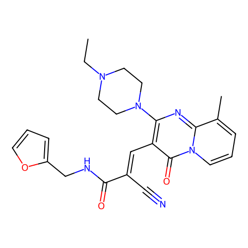 (2E)-2-cyano-3-[2-(4-ethylpiperazin-1-yl)-9-methyl-4-oxo-4H-pyrido[1,2-a]pyrimidin-3-yl]-N-(furan-2-ylmethyl)prop-2-enamide structure