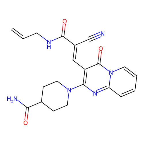 (E)-1-(3-(3-(allylamino)-2-cyano-3-oxoprop-1-en-1-yl)-4-oxo-4H-pyrido[1,2-a]pyrimidin-2-yl)piperidine-4-carboxamide structure