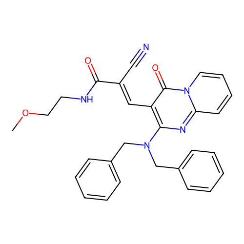 (2E)-2-cyano-3-[2-(dibenzylamino)-4-oxo-4H-pyrido[1,2-a]pyrimidin-3-yl]-N-(2-methoxyethyl)prop-2-enamide structure