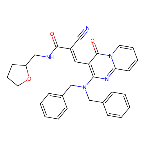 (2E)-2-cyano-3-[2-(dibenzylamino)-4-oxo-4H-pyrido[1,2-a]pyrimidin-3-yl]-N-(tetrahydrofuran-2-ylmethyl)prop-2-enamide structure