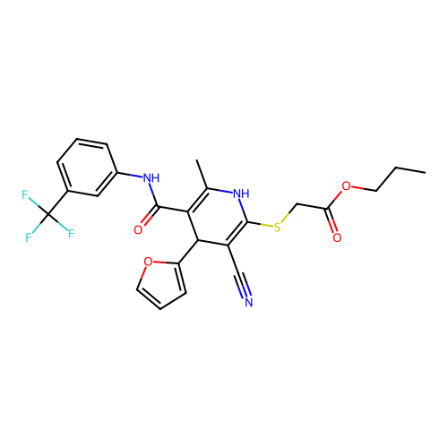 propyl {[3-cyano-4-(furan-2-yl)-6-methyl-5-{[3-(trifluoromethyl)phenyl]carbamoyl}-1,4-dihydropyridin-2-yl]sulfanyl}acetate structure