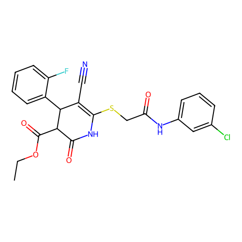ethyl 6-((2-((3-chlorophenyl)amino)-2-oxoethyl)thio)-5-cyano-4-(2-fluorophenyl)-2-oxo-1,2,3,4-tetrahydropyridine-3-carboxylate structure