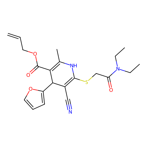 allyl 5-cyano-6-((2-(diethylamino)-2-oxoethyl)thio)-4-(furan-2-yl)-2-methyl-1,4-dihydropyridine-3-carboxylate structure