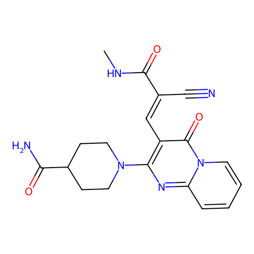 (E)-1-(3-(2-cyano-3-(methylamino)-3-oxoprop-1-en-1-yl)-4-oxo-4H-pyrido[1,2-a]pyrimidin-2-yl)piperidine-4-carboxamide structure