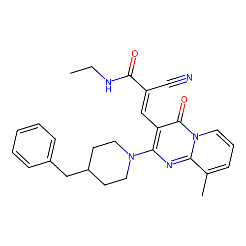 (2E)-3-[2-(4-benzylpiperidin-1-yl)-9-methyl-4-oxo-4H-pyrido[1,2-a]pyrimidin-3-yl]-2-cyano-N-ethylprop-2-enamide structure
