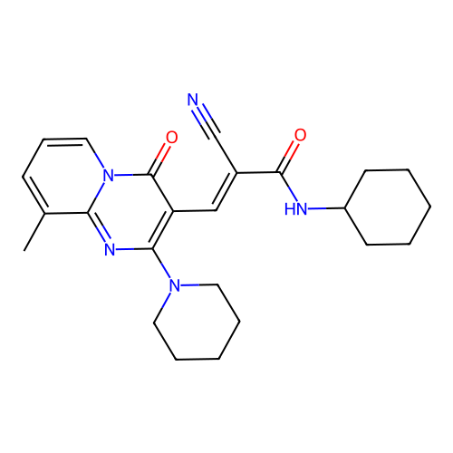 (2E)-2-cyano-N-cyclohexyl-3-[9-methyl-4-oxo-2-(piperidin-1-yl)-4H-pyrido[1,2-a]pyrimidin-3-yl]prop-2-enamide structure