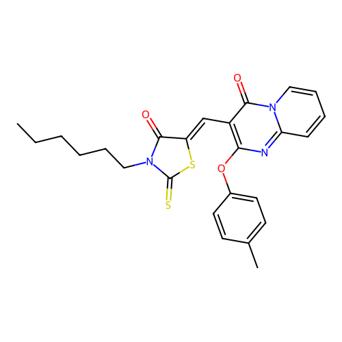 3-[(Z)-(3-hexyl-4-oxo-2-thioxo-1,3-thiazolidin-5-ylidene)methyl]-2-(4-methylphenoxy)-4H-pyrido[1,2-a]pyrimidin-4-one structure
