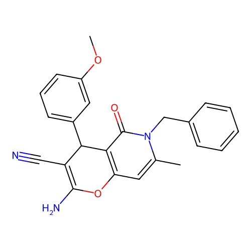 2-amino-6-benzyl-4-(3-methoxyphenyl)-7-methyl-5-oxo-5,6-dihydro-4H-pyrano[3,2-c]pyridine-3-carbonitrile structure