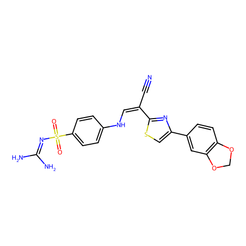 (Z)-4-((2-(4-(benzo[d][1,3]dioxol-5-yl)thiazol-2-yl)-2-cyanovinyl)amino)-N-carbamimidoylbenzenesulfonamide structure