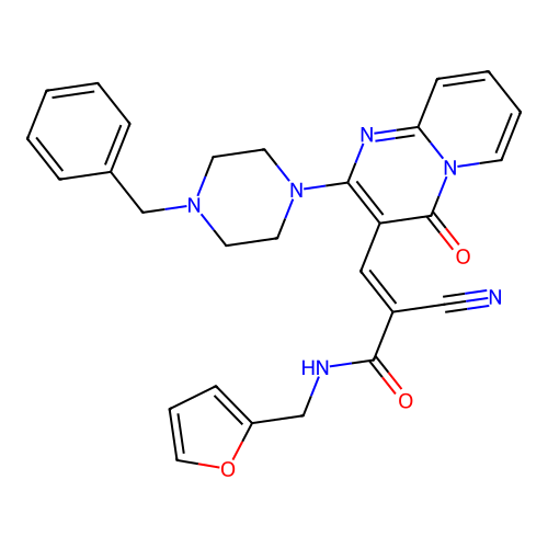 (2E)-3-[2-(4-benzylpiperazin-1-yl)-4-oxo-4H-pyrido[1,2-a]pyrimidin-3-yl]-2-cyano-N-(furan-2-ylmethyl)prop-2-enamide structure