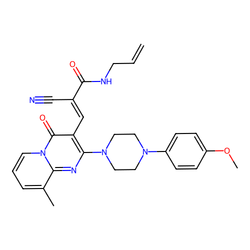 (2E)-2-cyano-3-{2-[4-(4-methoxyphenyl)piperazin-1-yl]-9-methyl-4-oxo-4H-pyrido[1,2-a]pyrimidin-3-yl}-N-(prop-2-en-1-yl)prop-2-enamide structure