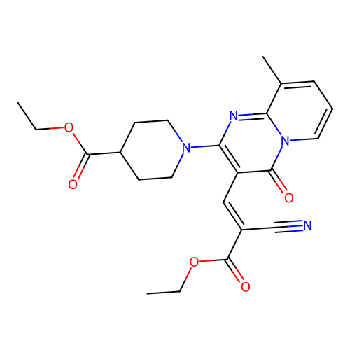 (E)-ethyl 1-(3-(2-cyano-3-ethoxy-3-oxoprop-1-en-1-yl)-9-methyl-4-oxo-4H-pyrido[1,2-a]pyrimidin-2-yl)piperidine-4-carboxylate structure