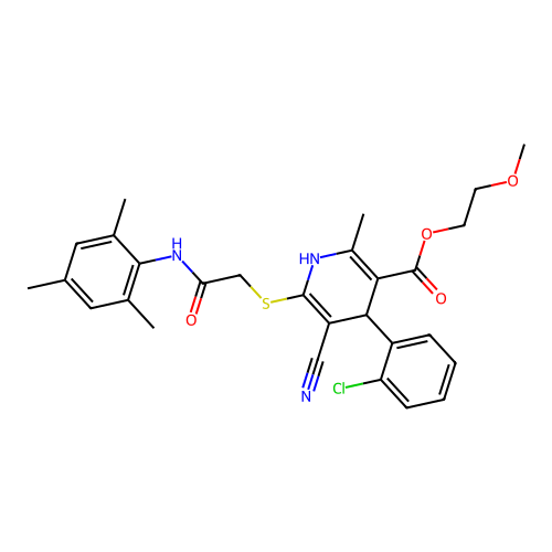 2-methoxyethyl 4-(2-chlorophenyl)-5-cyano-2-methyl-6-({2-oxo-2-[(2,4,6-trimethylphenyl)amino]ethyl}sulfanyl)-1,4-dihydropyridine-3-carboxylate structure