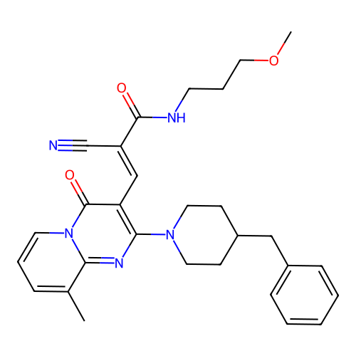 (2E)-3-[2-(4-benzylpiperidin-1-yl)-9-methyl-4-oxo-4H-pyrido[1,2-a]pyrimidin-3-yl]-2-cyano-N-(3-methoxypropyl)prop-2-enamide structure