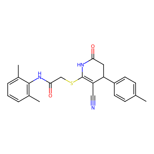 2-((3-cyano-6-oxo-4-(p-tolyl)-1,4,5,6-tetrahydropyridin-2-yl)thio)-N-(2,6-dimethylphenyl)acetamide structure
