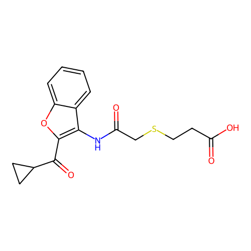 3-((2-((2-(cyclopropanecarbonyl)benzofuran-3-yl)amino)-2-oxoethyl)thio)propanoic acid structure