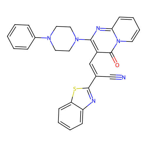 (2E)-2-(1,3-benzothiazol-2-yl)-3-[4-oxo-2-(4-phenylpiperazin-1-yl)-4H-pyrido[1,2-a]pyrimidin-3-yl]prop-2-enenitrile structure