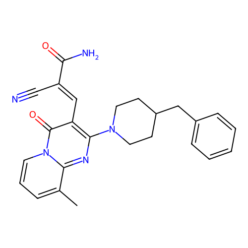 (2E)-3-[2-(4-benzylpiperidin-1-yl)-9-methyl-4-oxo-4H-pyrido[1,2-a]pyrimidin-3-yl]-2-cyanoprop-2-enamide structure