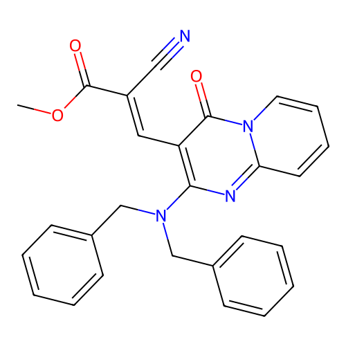 methyl (2E)-2-cyano-3-[2-(dibenzylamino)-4-oxo-4H-pyrido[1,2-a]pyrimidin-3-yl]prop-2-enoate structure