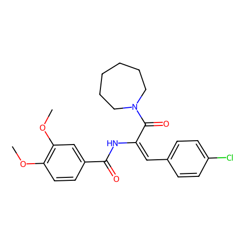 (E)-N-(3-(azepan-1-yl)-1-(4-chlorophenyl)-3-oxoprop-1-en-2-yl)-3,4-dimethoxybenzamide structure