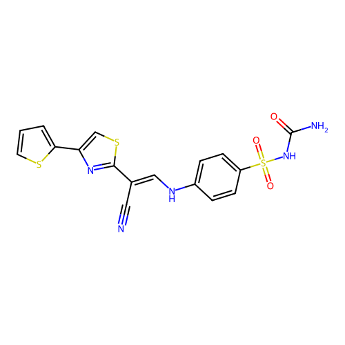 (E)-N-carbamoyl-4-((2-cyano-2-(4-(thiophen-2-yl)thiazol-2-yl)vinyl)amino)benzenesulfonamide structure