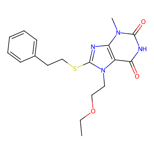 7-(2-ethoxyethyl)-3-methyl-8-(phenethylthio)-1H-purine-2,6(3H,7H)-dione structure