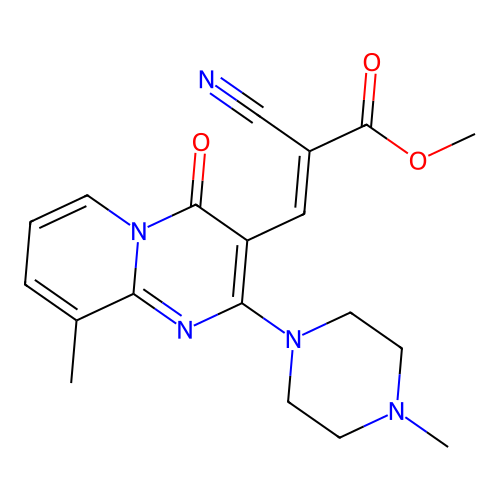 (E)-methyl 2-cyano-3-(9-methyl-2-(4-methylpiperazin-1-yl)-4-oxo-4H-pyrido[1,2-a]pyrimidin-3-yl)acrylate structure