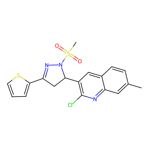 2-chloro-7-methyl-3-(2-methylsulfonyl-5-thiophen-2-yl-3,4-dihydropyrazol-3-yl)quinoline structure