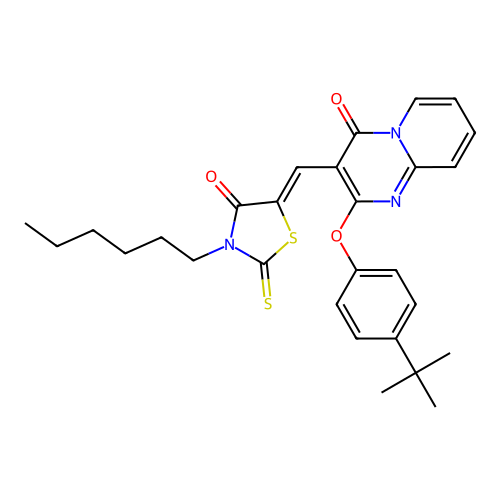 2-(4-tert-butylphenoxy)-3-[(Z)-(3-hexyl-4-oxo-2-thioxo-1,3-thiazolidin-5-ylidene)methyl]-4H-pyrido[1,2-a]pyrimidin-4-one structure