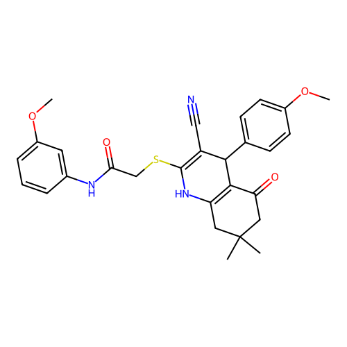 2-((3-cyano-4-(4-methoxyphenyl)-7,7-dimethyl-5-oxo-1,4,5,6,7,8-hexahydroquinolin-2-yl)thio)-N-(3-methoxyphenyl)acetamide structure