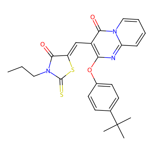 2-(4-tert-butylphenoxy)-3-[(Z)-(4-oxo-3-propyl-2-thioxo-1,3-thiazolidin-5-ylidene)methyl]-4H-pyrido[1,2-a]pyrimidin-4-one structure
