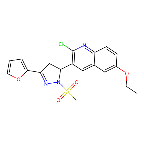 2-chloro-6-ethoxy-3-(3-(furan-2-yl)-1-(methylsulfonyl)-4,5-dihydro-1H-pyrazol-5-yl)quinoline structure