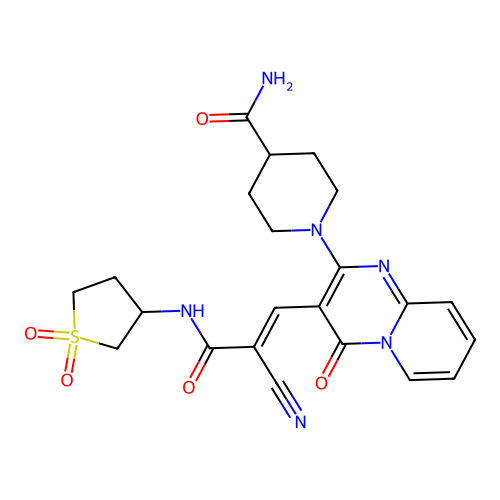 (E)-1-(3-(2-cyano-3-((1,1-dioxidotetrahydrothiophen-3-yl)amino)-3-oxoprop-1-en-1-yl)-4-oxo-4H-pyrido[1,2-a]pyrimidin-2-yl)piperidine-4-carboxamide structure