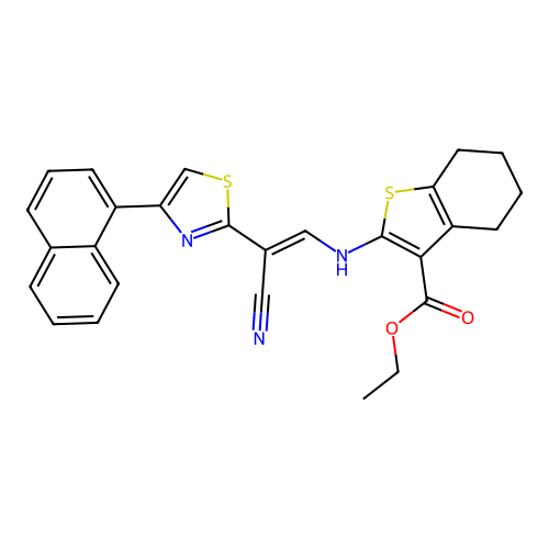 (E)-ethyl 2-((2-cyano-2-(4-(naphthalen-1-yl)thiazol-2-yl)vinyl)amino)-4,5,6,7-tetrahydrobenzo[b]thiophene-3-carboxylate structure