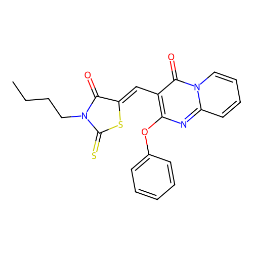 3-[(Z)-(3-butyl-4-oxo-2-thioxo-1,3-thiazolidin-5-ylidene)methyl]-2-phenoxy-4H-pyrido[1,2-a]pyrimidin-4-one structure