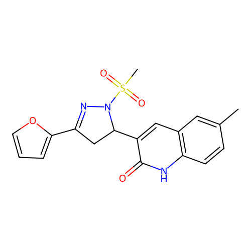 3-[5-(furan-2-yl)-2-methylsulfonyl-3,4-dihydropyrazol-3-yl]-6-methyl-1H-quinolin-2-one structure