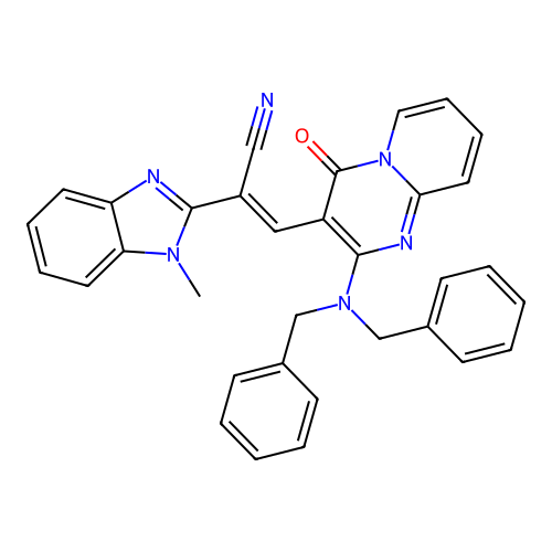 (2E)-3-[2-(dibenzylamino)-4-oxo-4H-pyrido[1,2-a]pyrimidin-3-yl]-2-(1-methyl-1H-benzimidazol-2-yl)prop-2-enenitrile structure