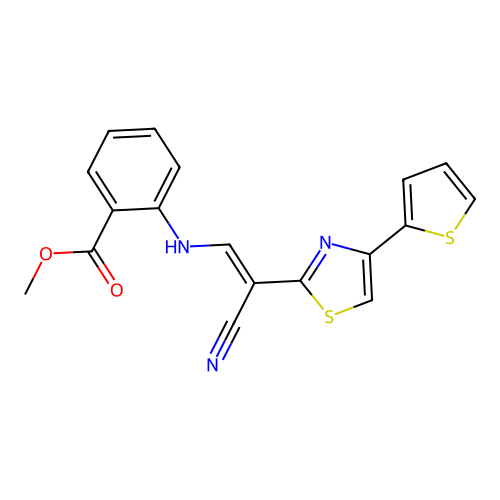 (E)-methyl 2-((2-cyano-2-(4-(thiophen-2-yl)thiazol-2-yl)vinyl)amino)benzoate structure