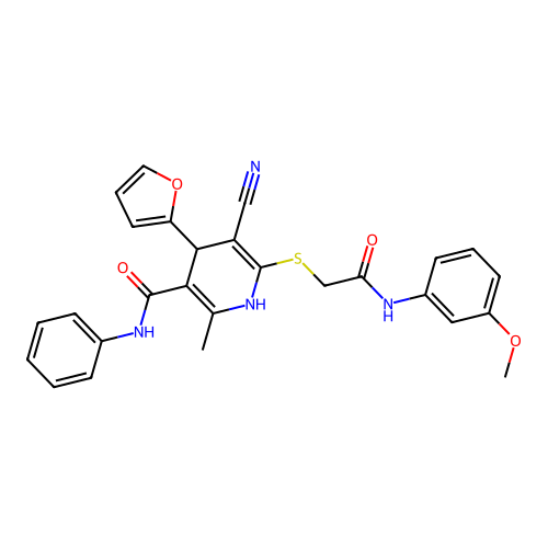 5-cyano-4-(furan-2-yl)-6-((2-((3-methoxyphenyl)amino)-2-oxoethyl)thio)-2-methyl-N-phenyl-1,4-dihydropyridine-3-carboxamide structure