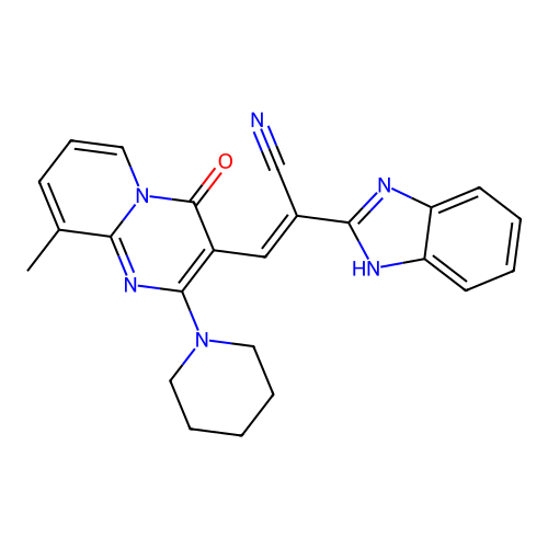 (2E)-2-(1H-benzimidazol-2-yl)-3-[9-methyl-4-oxo-2-(piperidin-1-yl)-4H-pyrido[1,2-a]pyrimidin-3-yl]prop-2-enenitrile structure