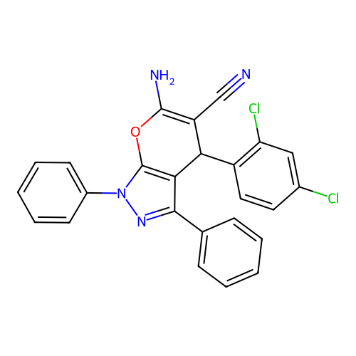 6-amino-4-(2,4-dichlorophenyl)-1,3-diphenyl-1,4-dihydropyrano[2,3-c]pyrazole-5-carbonitrile structure