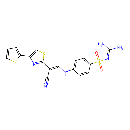 (E)-N-carbamimidoyl-4-((2-cyano-2-(4-(thiophen-2-yl)thiazol-2-yl)vinyl)amino)benzenesulfonamide structure