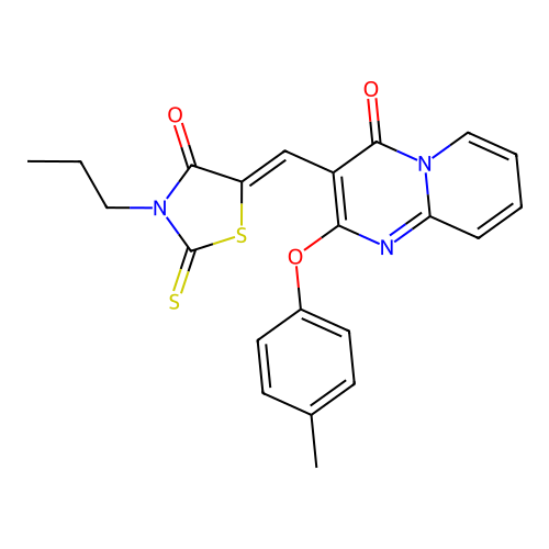 2-(4-methylphenoxy)-3-[(Z)-(4-oxo-3-propyl-2-thioxo-1,3-thiazolidin-5-ylidene)methyl]-4H-pyrido[1,2-a]pyrimidin-4-one structure