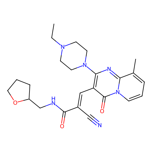 (2E)-2-cyano-3-[2-(4-ethylpiperazin-1-yl)-9-methyl-4-oxo-4H-pyrido[1,2-a]pyrimidin-3-yl]-N-(tetrahydrofuran-2-ylmethyl)prop-2-enamide structure
