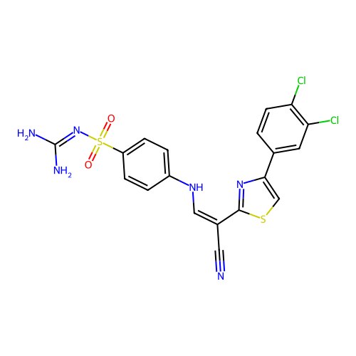 (Z)-N-carbamimidoyl-4-((2-cyano-2-(4-(3,4-dichlorophenyl)thiazol-2-yl)vinyl)amino)benzenesulfonamide structure