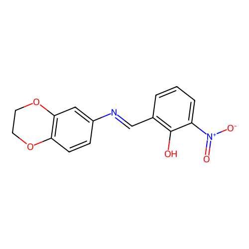 2-[(E)-(2,3-dihydro-1,4-benzodioxin-6-ylimino)methyl]-6-nitrophenol structure
