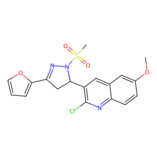 2-chloro-3-(3-(furan-2-yl)-1-(methylsulfonyl)-4,5-dihydro-1H-pyrazol-5-yl)-6-methoxyquinoline structure