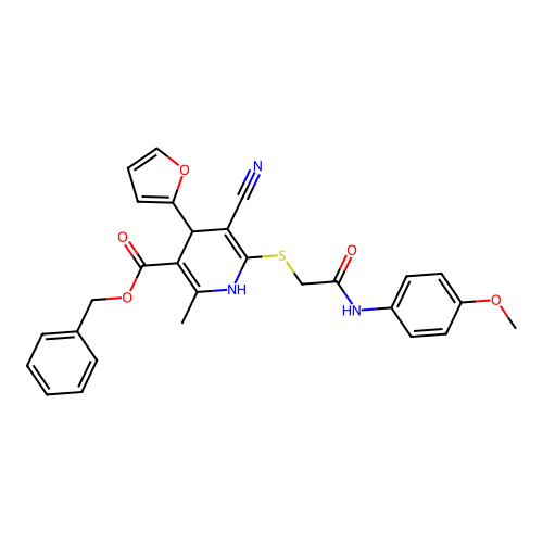 benzyl 5-cyano-4-(furan-2-yl)-6-((2-((4-methoxyphenyl)amino)-2-oxoethyl)thio)-2-methyl-1,4-dihydropyridine-3-carboxylate structure